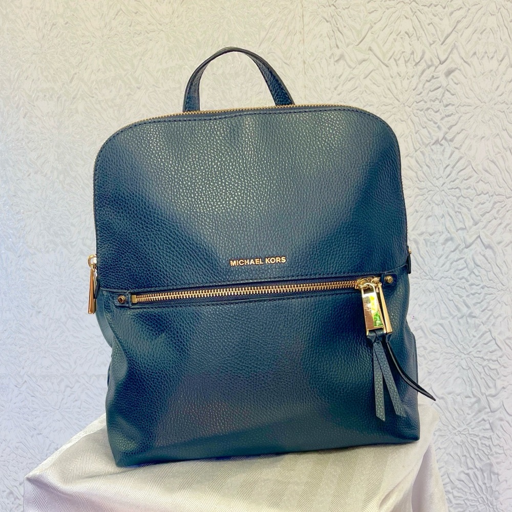 Michael Kors Navy Blue Pebbled Leather Backpack with Gold Hardware